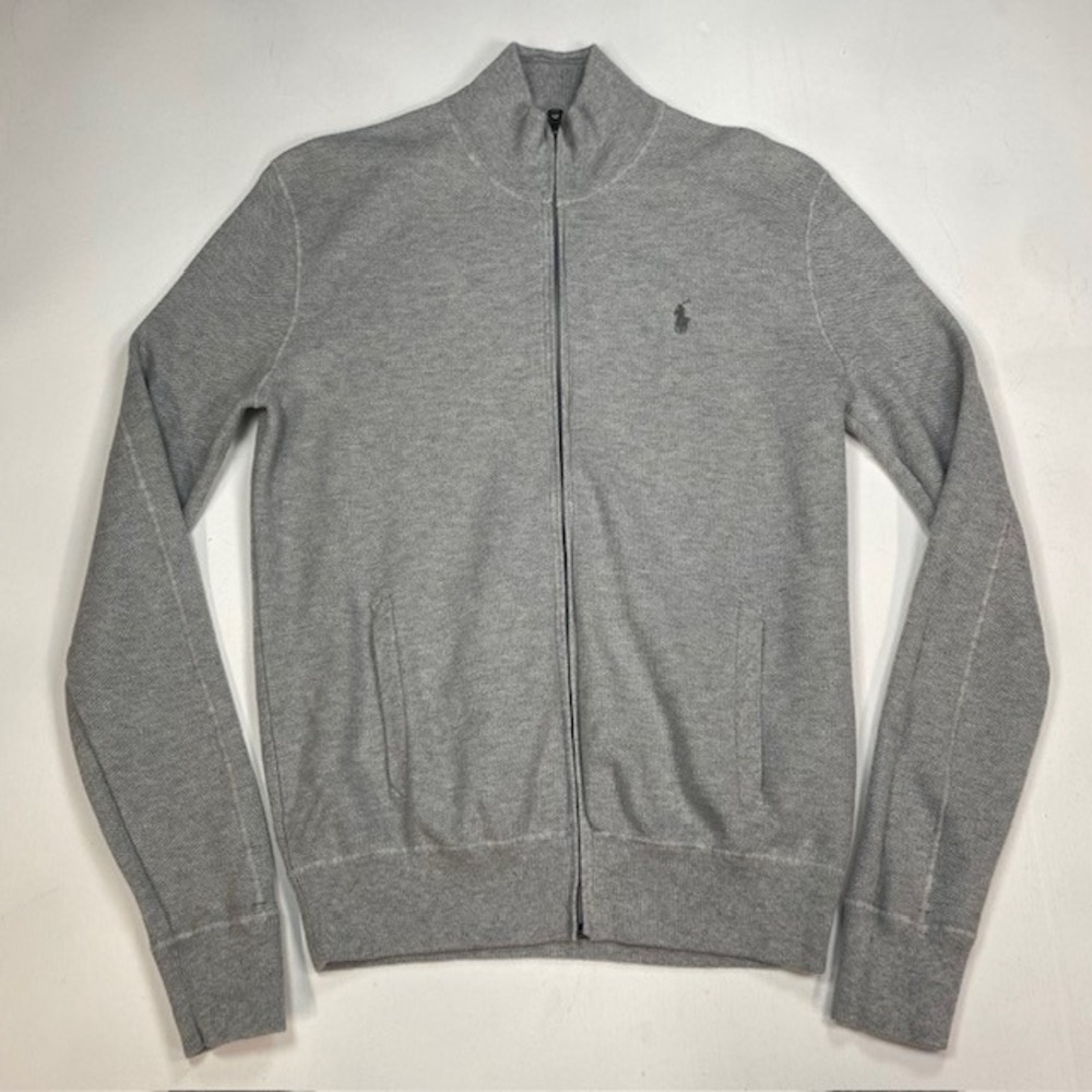 Polo Ralph Lauren Mens Small Gray Full Zip Pique Knit Mock Neck Sweater Logo